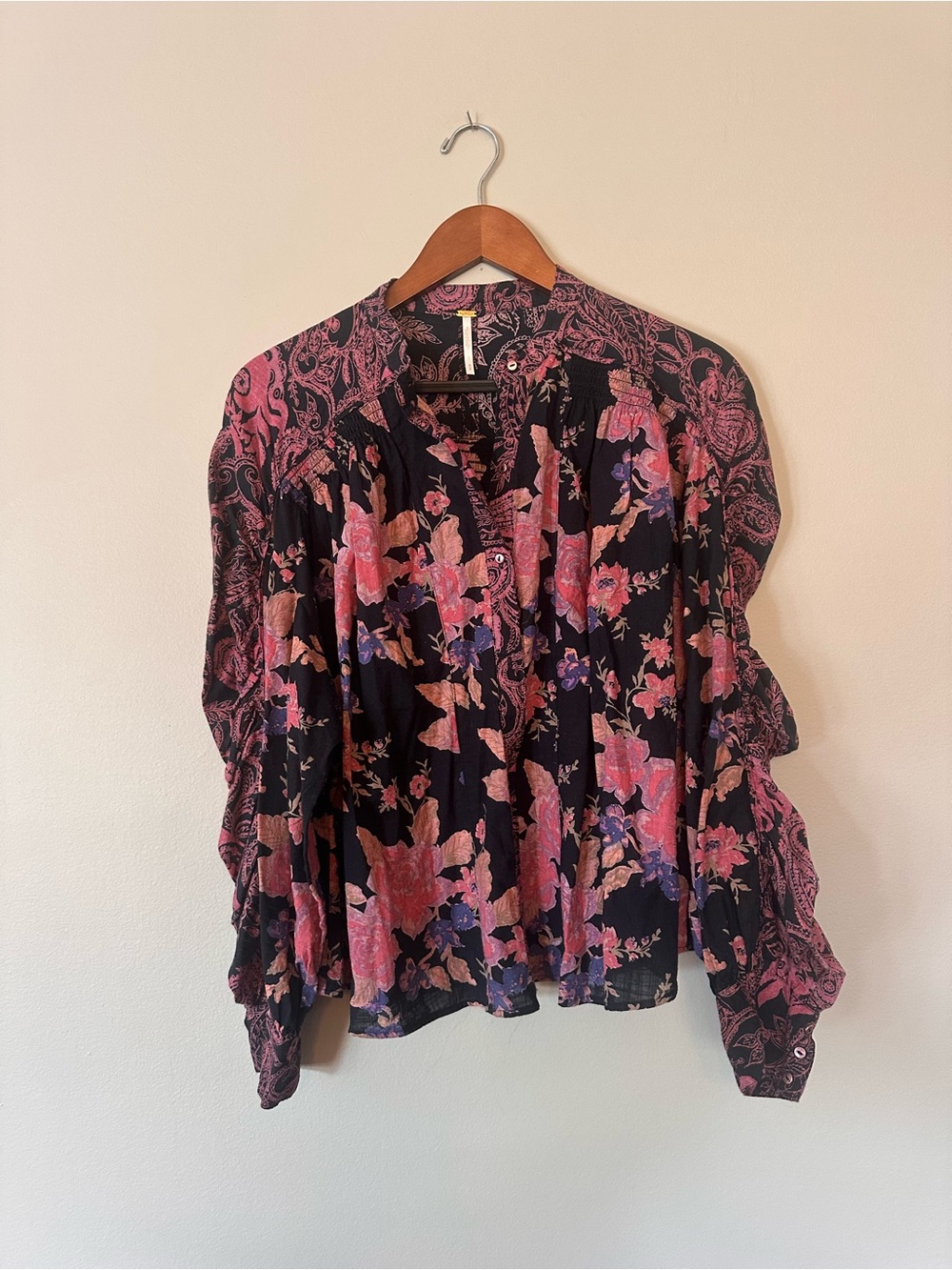 Free People Black Button-Front Blouse with Pink Floral Print